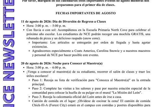 Noticias de agosto de la comunidad escolar de North Cove