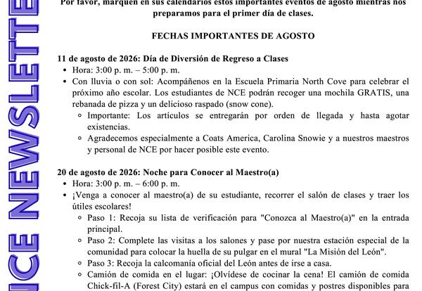 Noticias de agosto de la comunidad escolar de North Cove