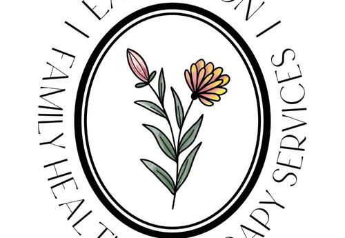 Circular logo with the words ‘Expressional Healing & Therapy Services’ around the border. In the center is a hand-drawn illustration of two flowers—one pink bud and one blooming flower with pink and yellow petals—on green stems, enclosed within a double-l