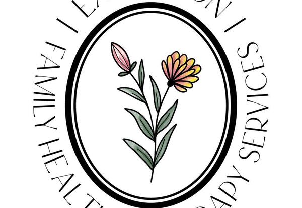 Circular logo with the words ‘Expressional Healing & Therapy Services’ around the border. In the center is a hand-drawn illustration of two flowers—one pink bud and one blooming flower with pink and yellow petals—on green stems, enclosed within a double-l