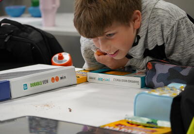 Photo of student watching a worm.