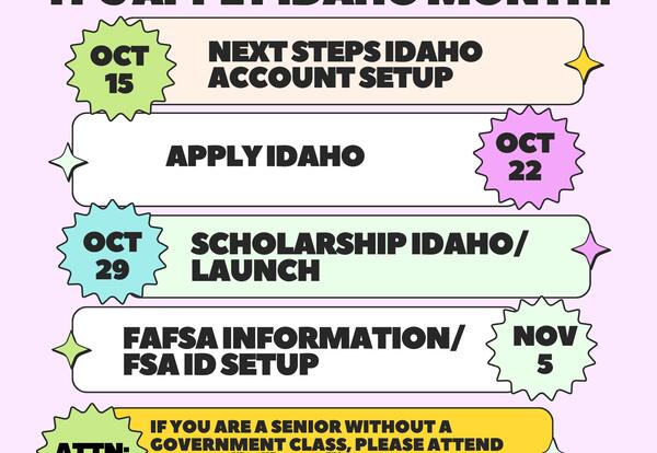 Flyer displaying information about Apply Idaho Month. Information duplicated in accompanying text.