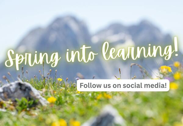 Image with grass and flowers, text reads "Spring into learning, Follow us on social media"