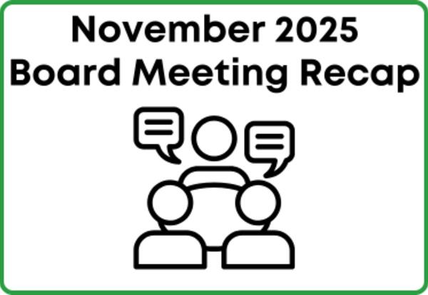 November 2025 Board Meeting Recap graphic with three people talking icon.