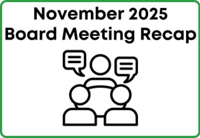 November 2025 Board Meeting Recap graphic with three people talking icon.
