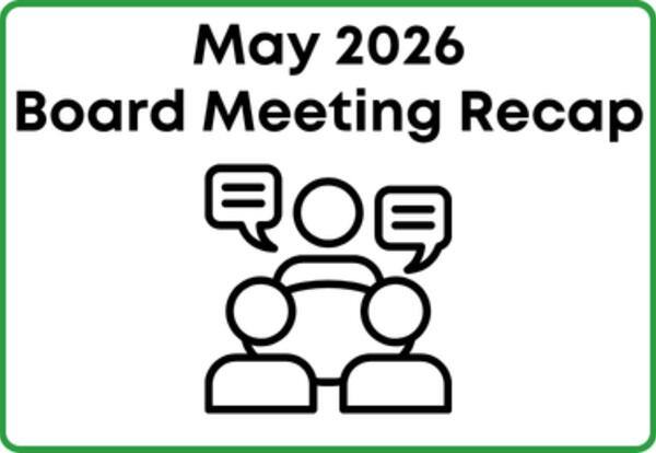 Graphic titled 'May 2026 Board Meeting Recap' featuring an icon of three people in a meeting with speech bubbles.