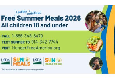 Promotional flyer for "Free Summer Meals 2026," offering healthy meals to children 18 and under in Illinois when school is out. Includes contact details to find local sites. CALL 1-866-348-6479 • TEXT SUMMER TO 914-342-7744 • VISIT HungerFreeAmerica.org