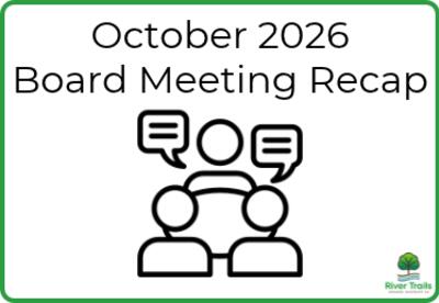 Graphic reading "October 2026 Board Meeting Recap" with a meeting icon and the River Trails School District 26 logo.