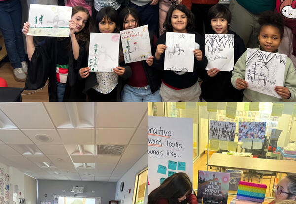 Students participating in a virtual Author Visit with Peter Brown, author of The Wild Robot.