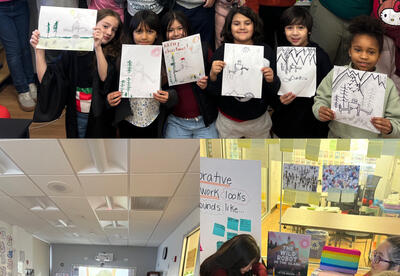 Students participating in a virtual Author Visit with Peter Brown, author of The Wild Robot.