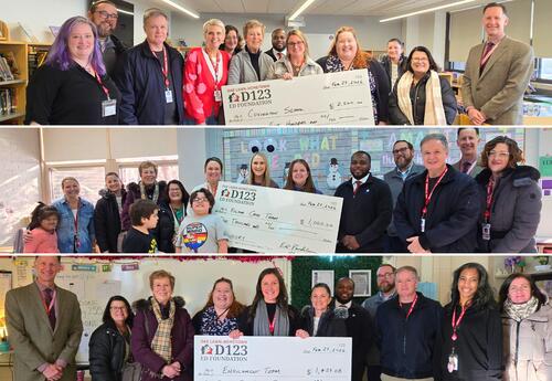 Collage of the three mini-grant recipients with a big check and members of the District's Ed Foundation, Board of Education, and Administration