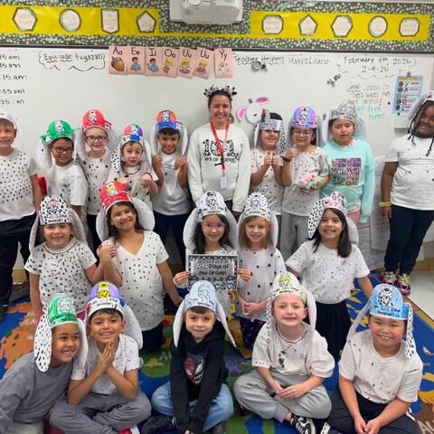 Class dressed up as 101 Dalmatians for the 101st Day of School