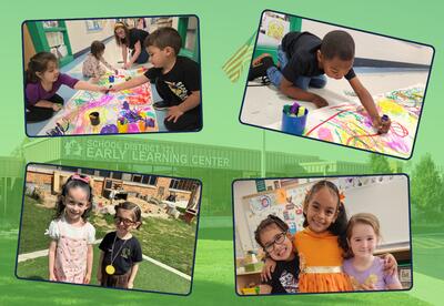 Background of the Early Learning Center with a transparent green overlay. Photos of preschool students doing collaborative art and smiling.