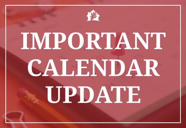 Calendar Background with red overlay, district logo, and text reading "Important Calendar Update."