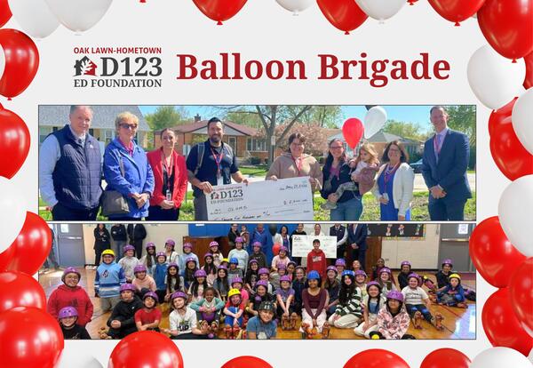 Graphic with two images of the balloon brigade projects. Top: a groups outdoors in the pollinator Garden space. Bottom: A Large group in a gym setting with children wearing roller skates.
