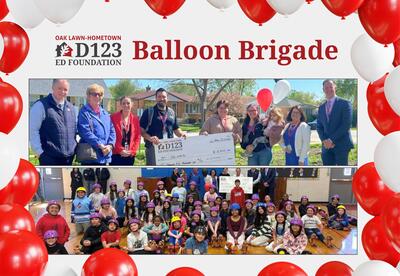 Graphic with two images of the balloon brigade projects. Top: a groups outdoors in the pollinator Garden space. Bottom: A Large group in a gym setting with children wearing roller skates.