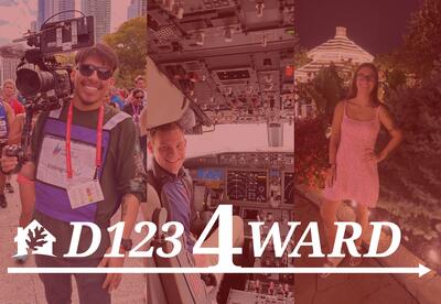 Three honored D123 alumni under a red overlay with the D123 4-WARD logo.