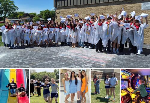 Collage of end of year activities including 8th grade grad walks and dance, 7th grade outdoor games, and 6th grade field trip