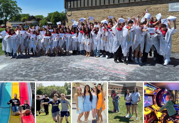 Collage of end of year activities including 8th grade grad walks and dance, 7th grade outdoor games, and 6th grade field trip