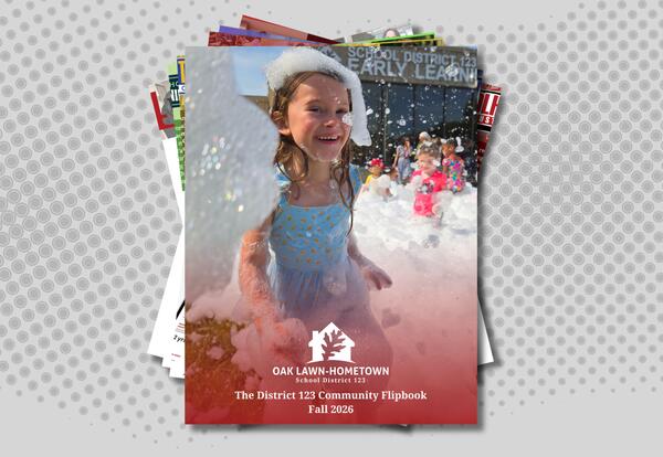 Cover art for the D123 Flipbook. Young child smiling in a bubble party with The Early Learning Center in the background.