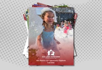 Cover art for the D123 Flipbook. Young child smiling in a bubble party with The Early Learning Center in the background.
