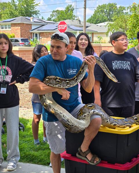 Man holding a large python wrapped around his shoulders while a group of children watch outdoors near a residential area.