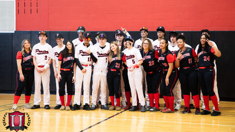 Mixed photo of the baseball and softball teams posing together