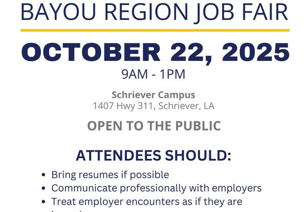  to Host Annual Bayou Region Job Fair on October 22