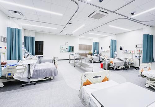 Image of Nursing lab with hospital beds and hospital equipment