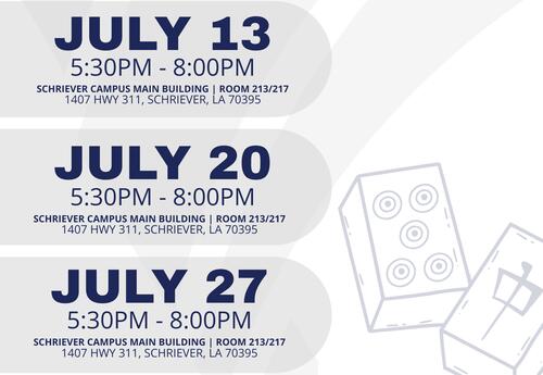 Flyer promoting Fletcher Technical Community College's Personal Enrichment Class, "Mahjong 101 with Angelle Legendre." The class meets on three Mondays: July 13, July 20, and July 27, from 5:30 p.m. to 8:00 p.m. at the Schriever Campus Main Building, Room