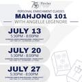 Flyer promoting Fletcher Technical Community College's Personal Enrichment Class, "Mahjong 101 with Angelle Legendre." The class meets on three Mondays: July 13, July 20, and July 27, from 5:30 p.m. to 8:00 p.m. at the Schriever Campus Main Building, Room