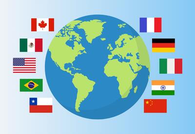 A graphic showing planet Earth surrounded by flags of different countries.