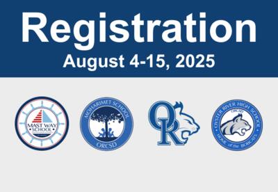 A graphic showing all four ORCSD school logos with the caption: Registration August 4-15, 2025.