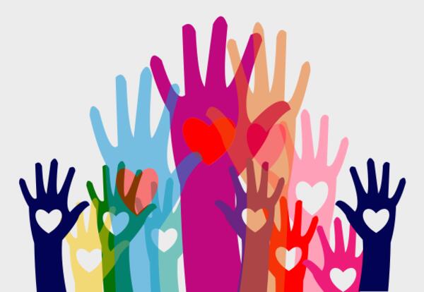 A photo showing raised hands of diverse colors with a heart shape overlay.