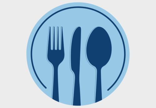 A graphic showing a plate with a fork, spoon, and knife.