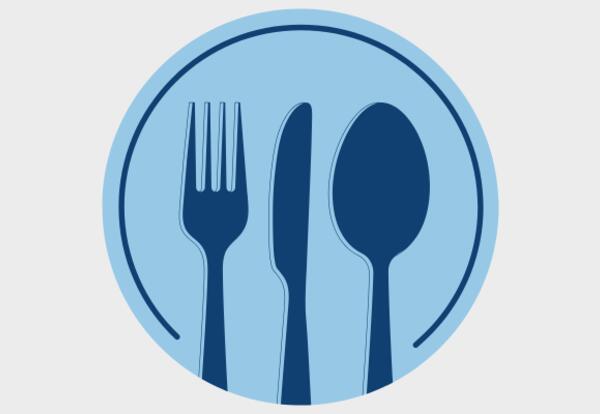 A graphic showing a plate with a fork, spoon, and knife.