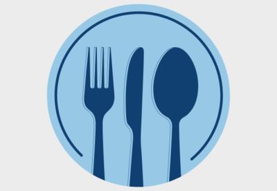 A graphic showing a plate with a fork, spoon, and knife.
