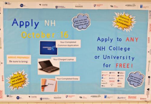 A photo of the Oyster River High School ApplyNH poster displayed in a hallway.