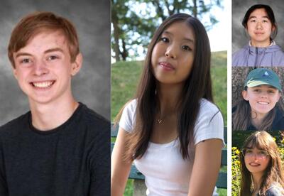Photos of Benjamin Boodey and Jessica Li, along with photos of the three commended tudents.