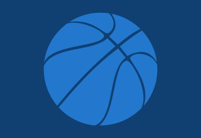 A graphic showing a basketball on a blue background.