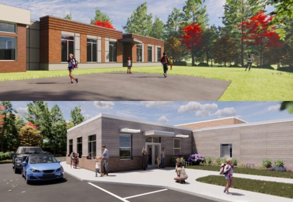 Two renderings showing the potential expansion at Moharimet and Mast Way schools.