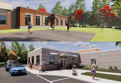 Two renderings showing the potential expansion at Moharimet and Mast Way schools.
