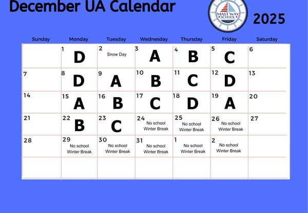A graphic showing the December Unified Arts calendar.
