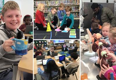 A collage of four photos showing Mast Way students engaging in Hour of AI activities and drinking hot cocoa.