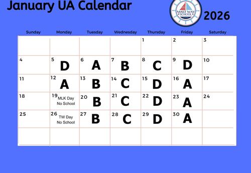 A graphic showing the January Unified Arts calendar.