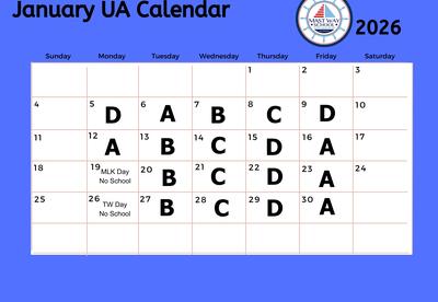 A graphic showing the January Unified Arts calendar.