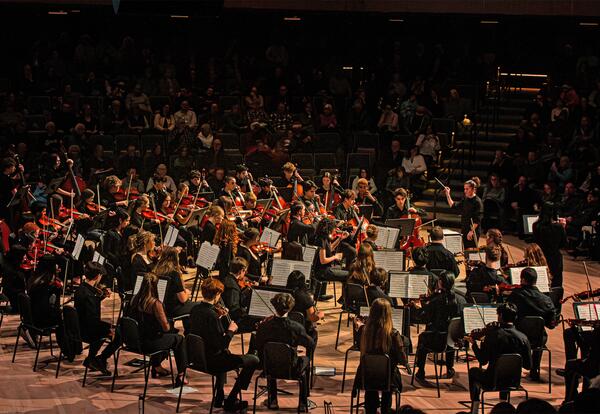 The Oyster River High School strings orchestra plays in the Morse Recital Hall.
