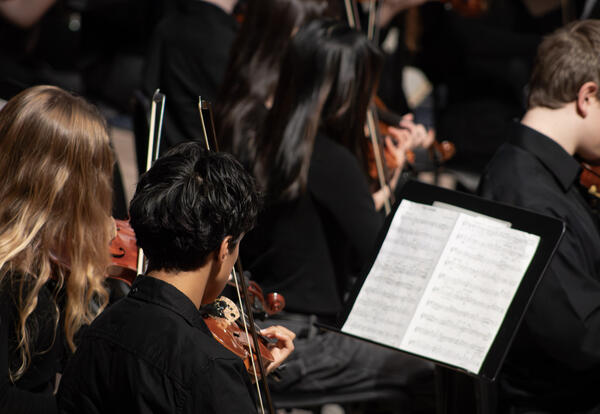 Oyster River High School Strings orchestra plays in the Morse Recital Hall.