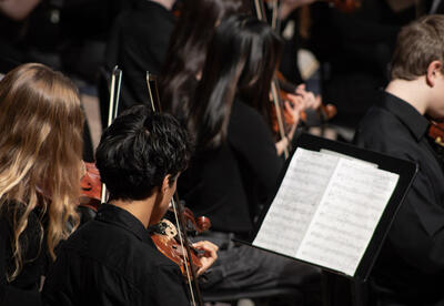 Oyster River High School Strings orchestra plays in the Morse Recital Hall.