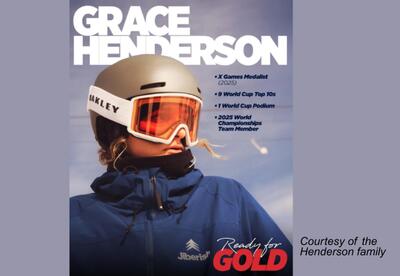 A magazine cover showing Grace in her ski outfit wearing a helmet and goggles.